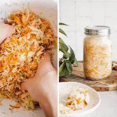 Hände verarbeiten Weißkohl und Karotten für ein einfaches Sauerkraut-Rezept. Ein Glas gefüllt mit dem fermentierten Kohl steht bereit.