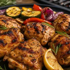 Saftiges pollo fino grillen mit gegrilltem Gemüse, Zitrone und Rosmarin auf einem Teller.