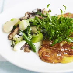 Knusprige Kartoffelscheiben mit Pilz-Gemüse-Ragout und Kresse. Perfekt, was passt zu Kartoffelpuffer!