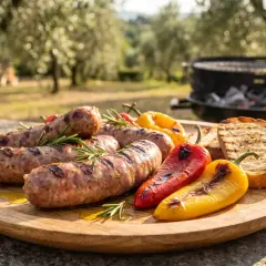 Leckere Salsiccia vom Grill mit geröstetem Brot und Paprika, garniert mit Rosmarin. Ein Genuss im Freien.