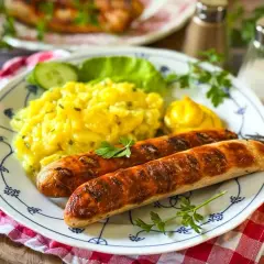Zwei gebratene Bratwürste mit Kartoffelsalat, Gurkenscheiben, Salatblatt und Senf. Die Bratwurst Zutaten sind hier perfekt kombiniert.