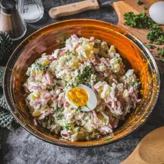 Schüssel mit Kartoffelsalat und Fleischsalat, garniert mit einem halben Ei und Petersilie.