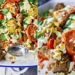 Herzhafter Tomatensalat mit Feta und Brotstücken, frisch aus dem Ofen. Ein köstliches Gericht, das an einen mediterranen Tomatensalat mit Feta erinnert.