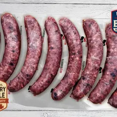 Zehn rohe US BBQ Style Brats, Blueberry & Maple Geschmack. Das bratwurst gewicht ist perfekt für den Grill.