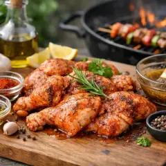 Marinierte Hähnchenteile liegen bereit zum Grillen. Gewürze, Kräuter und eine Marinade deuten auf köstliches Grillfleisch einlegen hin.