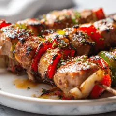 Saftige Schaschlik-Spieße mit Paprika und Zwiebeln, perfekt im Airfryer zubereitet, glänzen auf einem Teller.