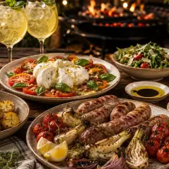 Ein Festmahl für italienisches Grillen: Burrata, Würstchen, Kartoffeln, Salat und Limoncello-Cocktails vor glühendem Grill.