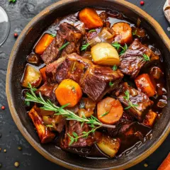 Herzhaftes Boeuf Bourguignon in einer Schüssel, mit Karotten, Zwiebeln und Rosmarin garniert. Daneben ein Glas Rotwein und ein Brot.