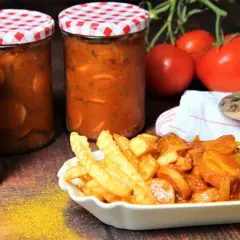 Gläser mit Currywurst-Sauce zum Einkochen, daneben eine Portion Currywurst mit Pommes.