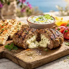 Saftiges Bifteki vom Grill, gefüllt mit geschmolzenem Käse, serviert mit Pitabrot, Tzatziki und Tomatensalat. Ein Genuss!