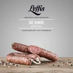 Leffis Ahle Wurscht: "Die Runde" gereifte Qualität, handgemacht aus Viesebeck. Was ist Ahle Wurscht? Eine traditionelle, luftgetrocknete Wurst.