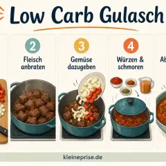 Schritt-für-Schritt-Anleitung für Low Carb Gulasch: Zutaten schneiden, Fleisch anbraten, Gemüse dazugeben, würzen und schmoren, abschmecken und servieren. Perfekt zum Fleisch einkochen.