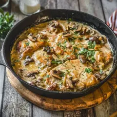 Herzhafte Schnitzelpfanne Landfrauen Art mit Pilzen und cremiger Sauce, garniert mit Petersilie. Ein Klassiker, der immer schmeckt.