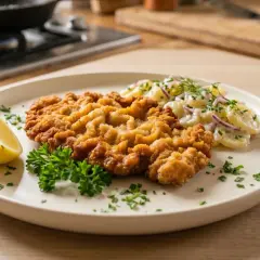 Perfekt gebratenes Schnitzel mit Kartoffelsalat und Zitrone. Ein Genuss, der nach mehr verlangt!