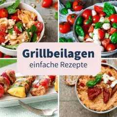 Vier leckere Ideen für schnelle Beilagen zum Grillen: Nudelsalat, Caprese, Spieße und Dip.