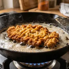Ein goldbraunes Schnitzel brutzelt in heißem Fett in einer Gusseisenpfanne. Der Duft von frisch zubereitetem Schnitzel machen liegt in der Luft.