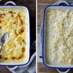 Zwei Auflaufformen mit Kartoffelgratin: einmal fertig gebacken mit goldbrauner Kruste, einmal vor dem Backen mit Käse bestreut. Ein einfaches Kartoffelgratin Rezept.