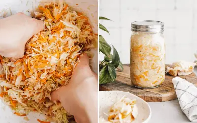 Hände verarbeiten Weißkohl und Karotten für ein einfaches Sauerkraut-Rezept. Ein Glas gefüllt mit dem fermentierten Kohl steht bereit.