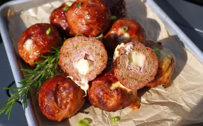 Leckere "Moink Balls" mit geschmolzenem Käse und Schinken im Inneren, glasiert und auf einem Blech mit Rosmarin garniert.