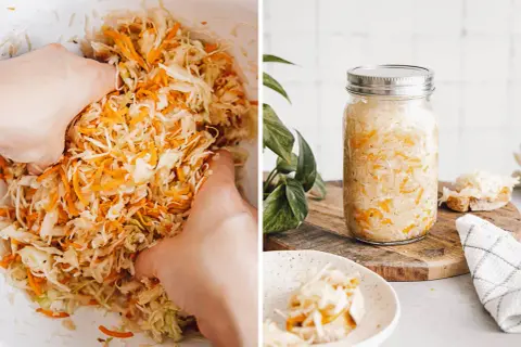 Hände verarbeiten Weißkohl und Karotten für ein einfaches Sauerkraut-Rezept. Ein Glas gefüllt mit dem fermentierten Kohl steht bereit.