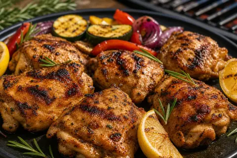 Saftiges pollo fino grillen mit gegrilltem Gemüse, Zitrone und Rosmarin auf einem Teller.