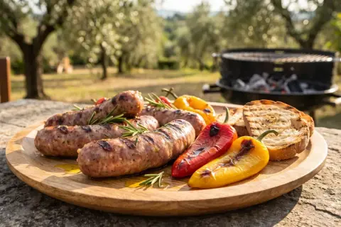 Leckere Salsiccia vom Grill mit geröstetem Brot und Paprika, garniert mit Rosmarin. Ein Genuss im Freien.