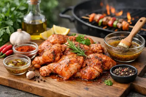 Marinierte Hähnchenteile liegen bereit zum Grillen. Gewürze, Kräuter und eine Marinade deuten auf köstliches Grillfleisch einlegen hin.
