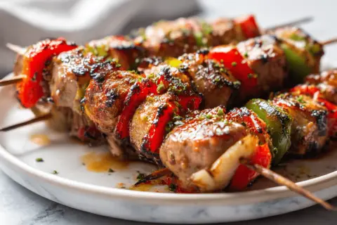 Saftige Schaschlik-Spieße mit Paprika und Zwiebeln, perfekt im Airfryer zubereitet, glänzen auf einem Teller.