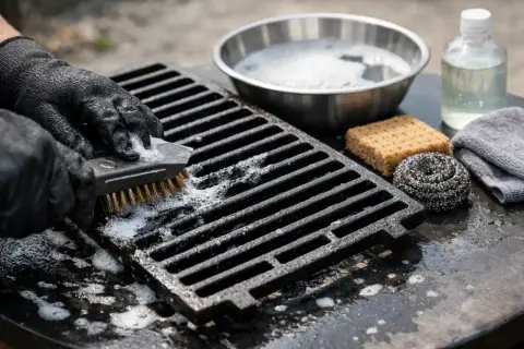 Mit schwarzer Handschuh wird der Grillrost gereinigt. Seife und Bürste helfen, ihn wieder sauber zu bekommen.