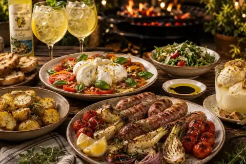 Ein Festmahl für italienisches Grillen: Burrata, Würstchen, Kartoffeln, Salat und Limoncello-Cocktails vor glühendem Grill.