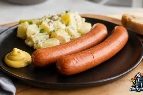 Zwei Wiener Würstchen mit Kartoffelsalat und Senf. Perfekt, wenn man wissen möchte, wie lange Wiener kochen.