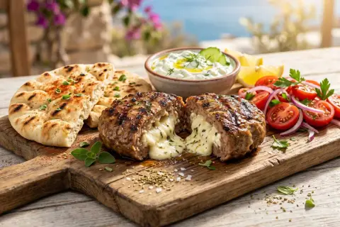 Saftiges Bifteki vom Grill, gefüllt mit geschmolzenem Käse, serviert mit Pitabrot, Tzatziki und Tomatensalat. Ein Genuss!