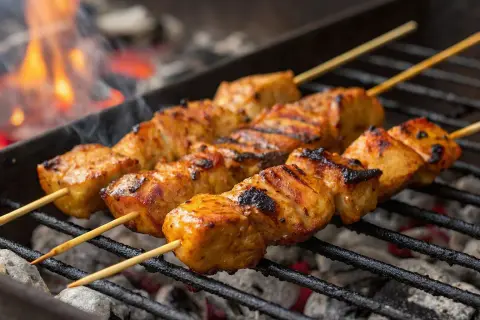 Saftige Schaschlik-Spieße brutzeln über glühender Kohle. Das Aroma von gegrilltem Fleisch steigt auf, während die Flammen im Hintergrund tanzen.
