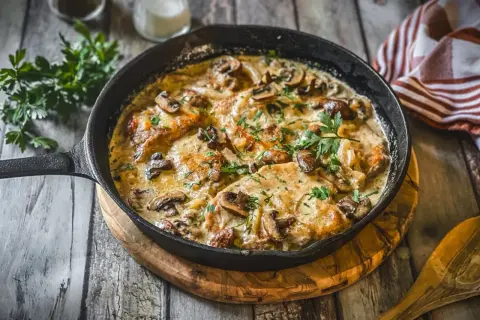 Herzhafte Schnitzelpfanne Landfrauen Art mit Pilzen und cremiger Sauce, garniert mit Petersilie. Ein Klassiker, der immer schmeckt.