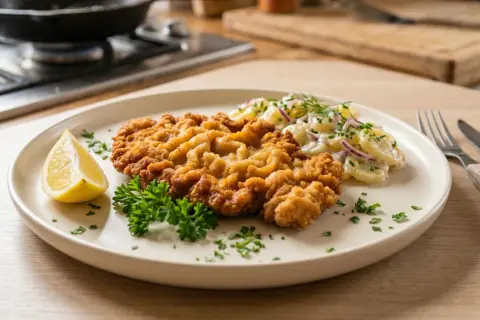 Perfekt gebratenes Schnitzel mit Kartoffelsalat und Zitrone. Ein Genuss, der nach mehr verlangt!