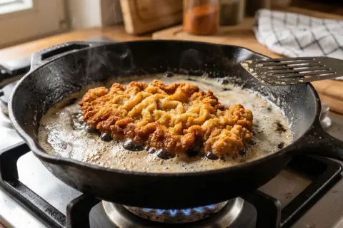 Ein goldbraunes Schnitzel brutzelt in heißem Fett in einer Gusseisenpfanne. Der Duft von frisch zubereitetem Schnitzel machen liegt in der Luft.