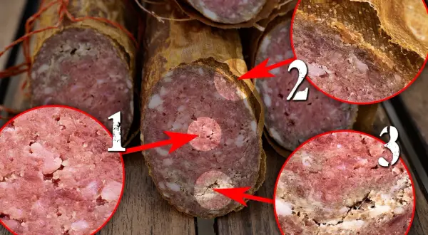 Verdorbene Salami: Nahaufnahmen zeigen Anzeichen, dass kann salami schlecht werden. Rote Kreise markieren verdächtige Stellen.