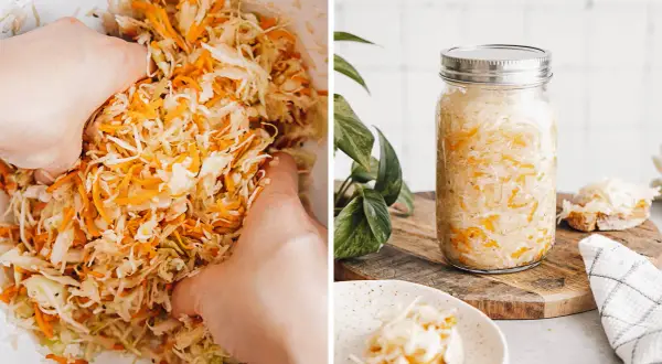 Hände verarbeiten Weißkohl und Karotten für ein einfaches Sauerkraut-Rezept. Ein Glas gefüllt mit dem fermentierten Kohl steht bereit.