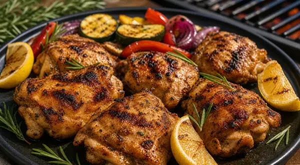 Saftiges pollo fino grillen mit gegrilltem Gemüse, Zitrone und Rosmarin auf einem Teller.