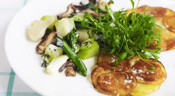 Knusprige Kartoffelscheiben mit Pilz-Gemüse-Ragout und Kresse. Perfekt, was passt zu Kartoffelpuffer!