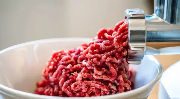 Frisches Hackfleisch wird aus einem Fleischwolf in eine Schüssel gedrückt. So kann man Hackfleisch selber machen.
