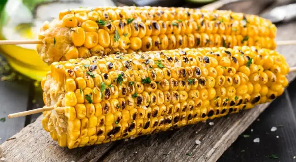Zwei perfekt gegrillte Maiskolben mit gerösteten Stellen und Kräutern, bereit zum Genießen. Das Maiskolben grillen ist ein Sommergenuss.