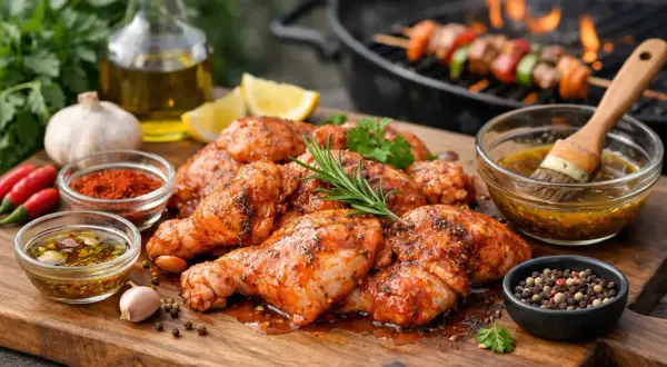 Marinierte Hähnchenteile liegen bereit zum Grillen. Gewürze, Kräuter und eine Marinade deuten auf köstliches Grillfleisch einlegen hin.
