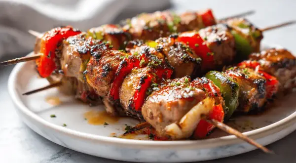 Saftige Schaschlik-Spieße mit Paprika und Zwiebeln, perfekt im Airfryer zubereitet, glänzen auf einem Teller.