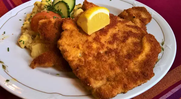 Perfekt paniertes Wiener Schnitzel mit Kartoffelsalat, Tomate, Gurke und Zitrone. Ein Genuss, der zeigt, wie gut Wiener Schnitzel panieren gelingt.