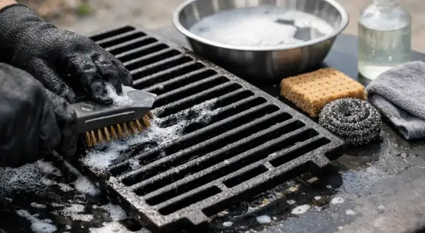 Mit schwarzer Handschuh wird der Grillrost gereinigt. Seife und Bürste helfen, ihn wieder sauber zu bekommen.