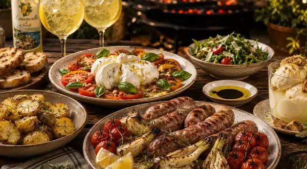 Ein Festmahl für italienisches Grillen: Burrata, Würstchen, Kartoffeln, Salat und Limoncello-Cocktails vor glühendem Grill.