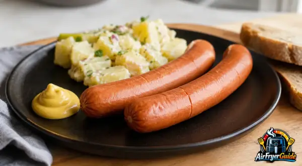 Zwei Wiener Würstchen mit Kartoffelsalat und Senf. Perfekt, wenn man wissen möchte, wie lange Wiener kochen.