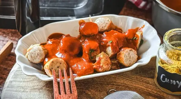 Leckere Currywurst im Airfryer, serviert mit einer würzigen Currysauce und einem Hauch Currypulver.