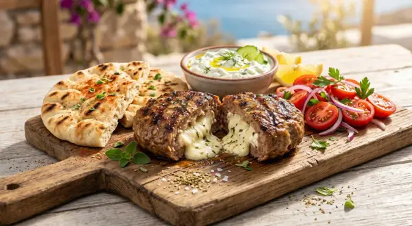 Saftiges Bifteki vom Grill, gefüllt mit geschmolzenem Käse, serviert mit Pitabrot, Tzatziki und Tomatensalat. Ein Genuss!